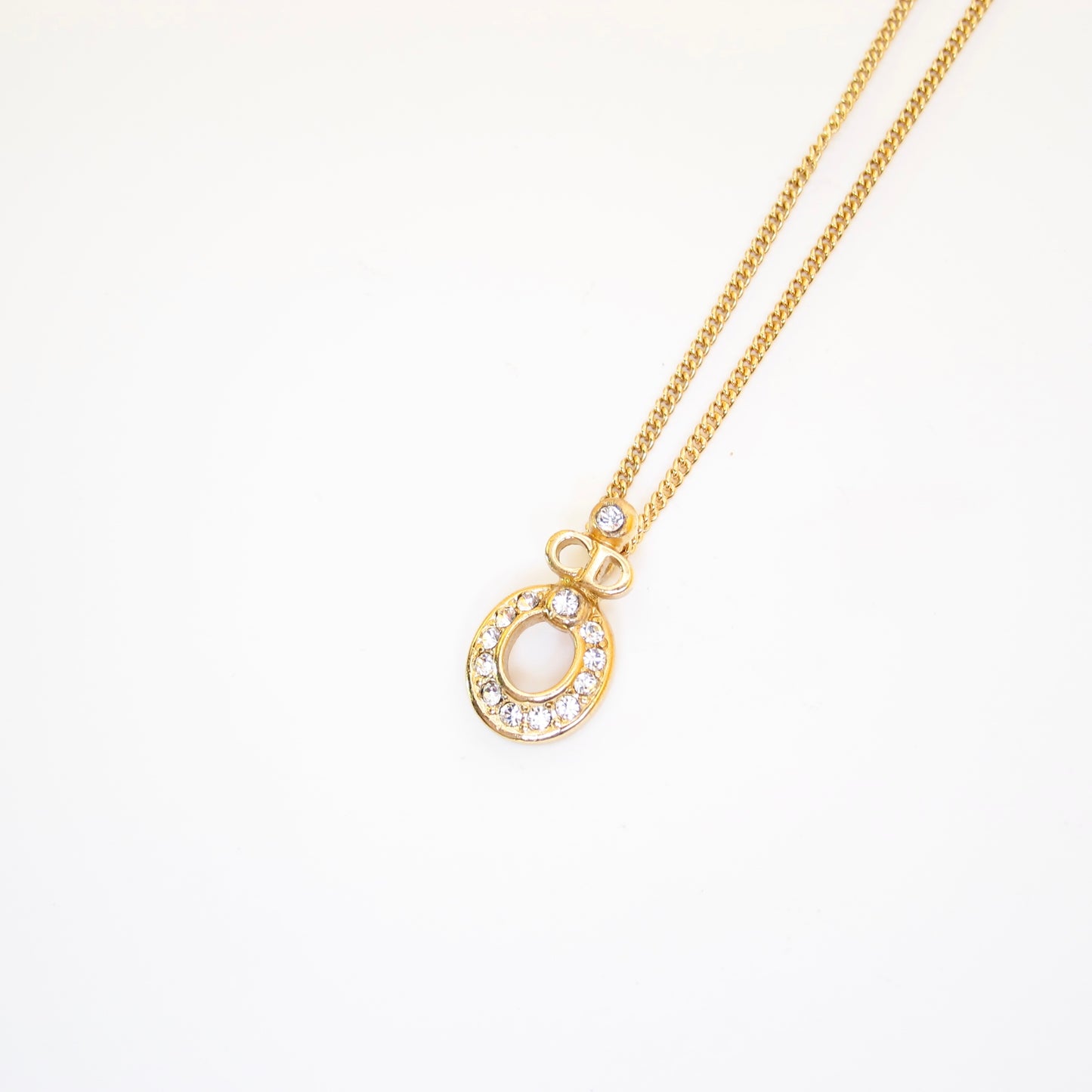 Christian Dior Vintage CD Logo and Circle with Rhinestone Golden Necklace