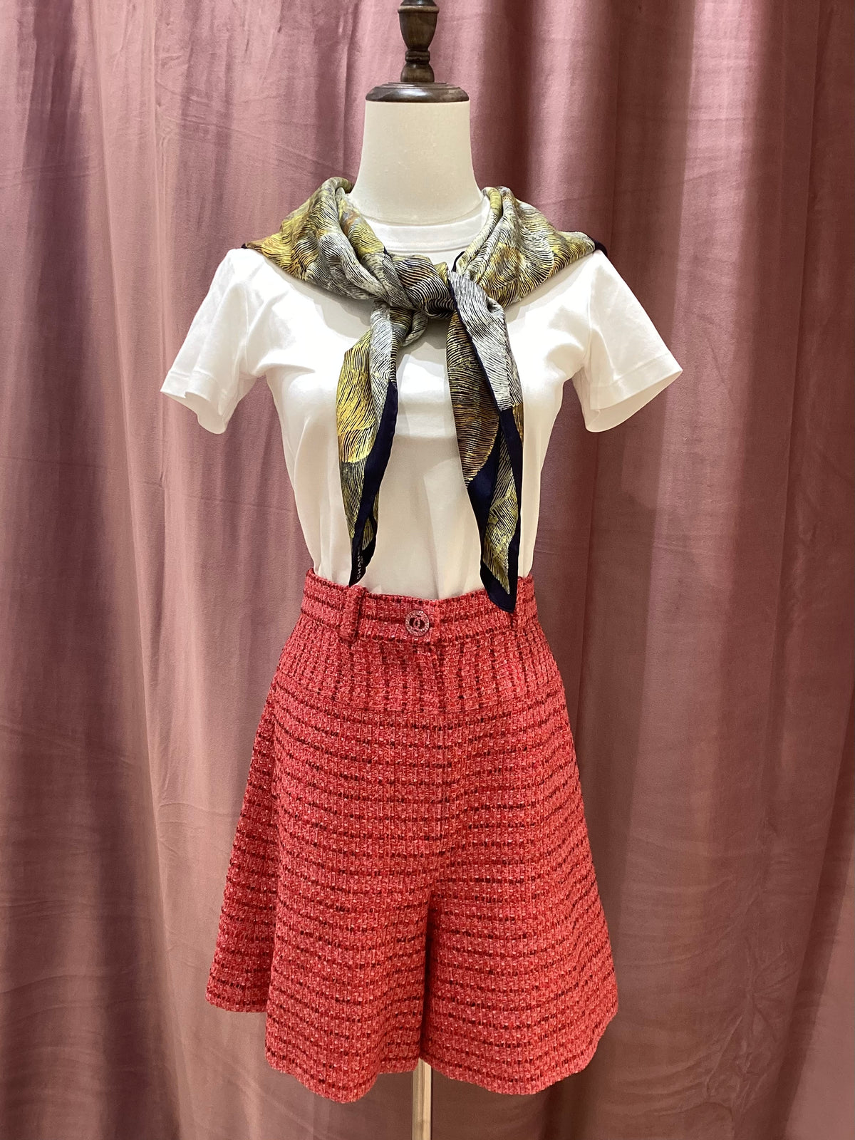 Chanel Vintage Unused Red Twill Woven High-Waisted Shorts with Rhinestone Buttons