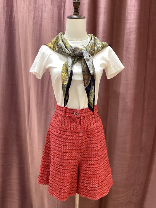 Chanel Vintage Unused Red Twill Woven High-Waisted Shorts with Rhinestone Buttons
