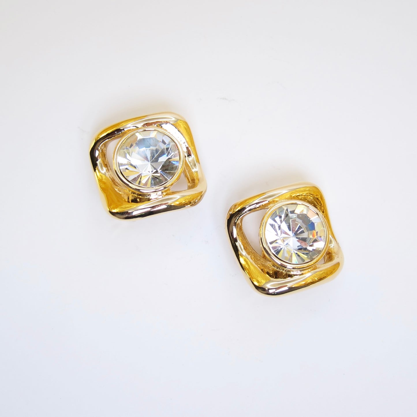 Yves Saint Laurent Vintage Rhinestone in Rhombus Golden Clip-on Earrings
