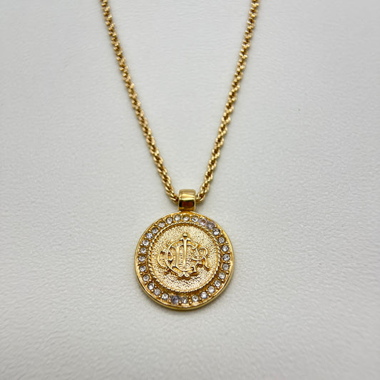 Christian Dior Vintage Dior Logo Coin Motif with Rhinestone Golden Necklace