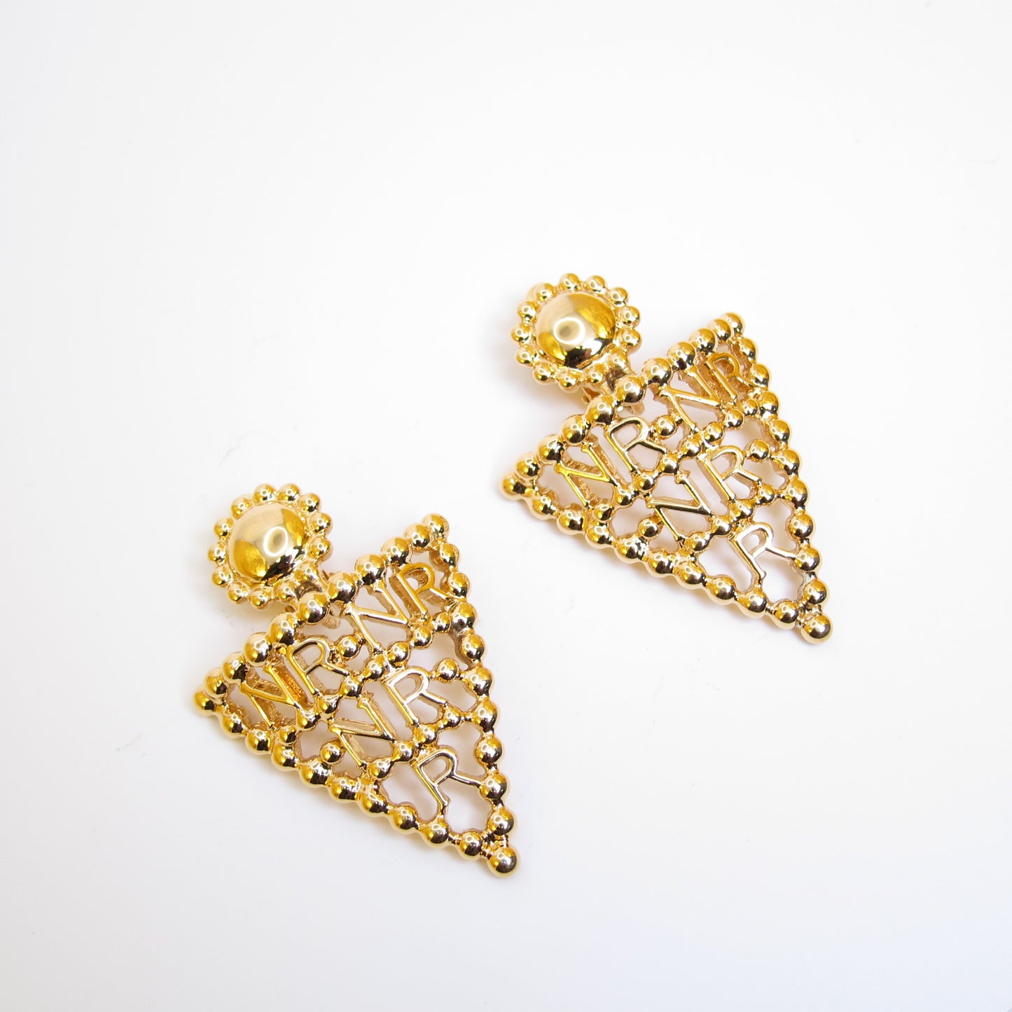 Nina Ricci Vintage NR Logo Triangle Dangling Golden Clip-on Earrings