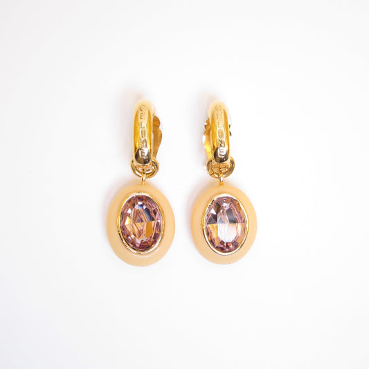 Celine Vintage Celine Logo and Pink Color Stone Golden Dangle Clip-on Earrings
