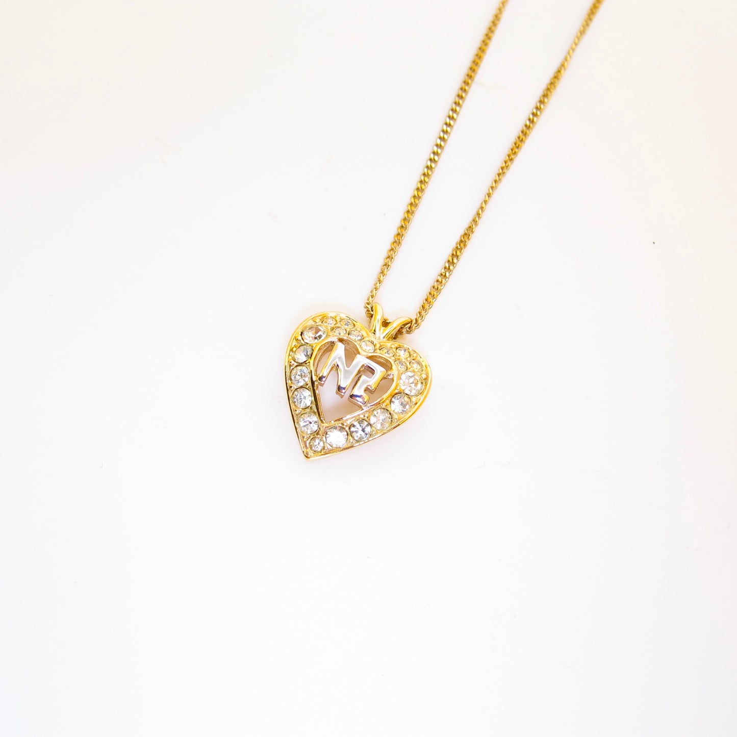 Nina Ricci Vintage NR Logo in Heart with Rhinestone Golden Necklace