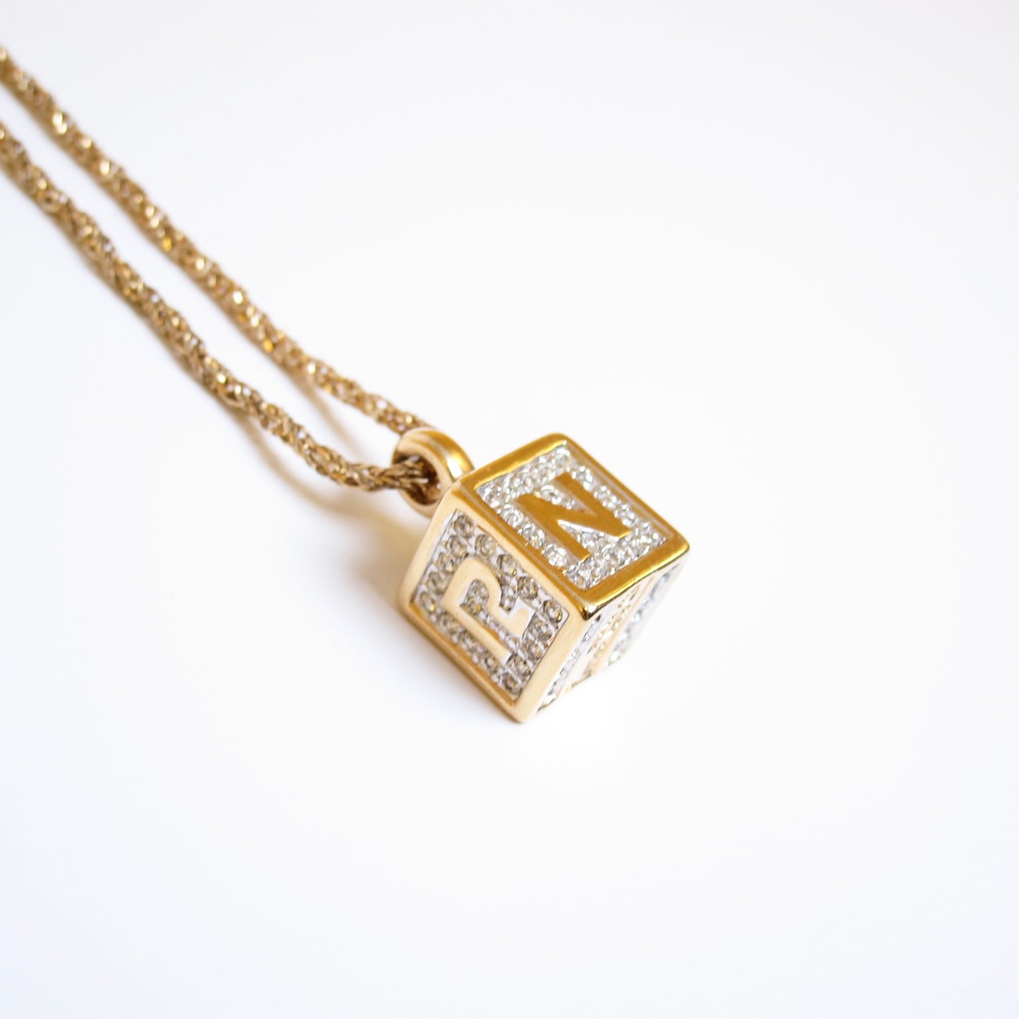 Nina Ricci Vintage NR Logo Cube with Rhinestone Golden Necklace