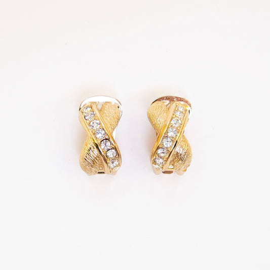 Christian Dior Vintage Rhinestone Criss-Cross Golden Clip-on Earrings