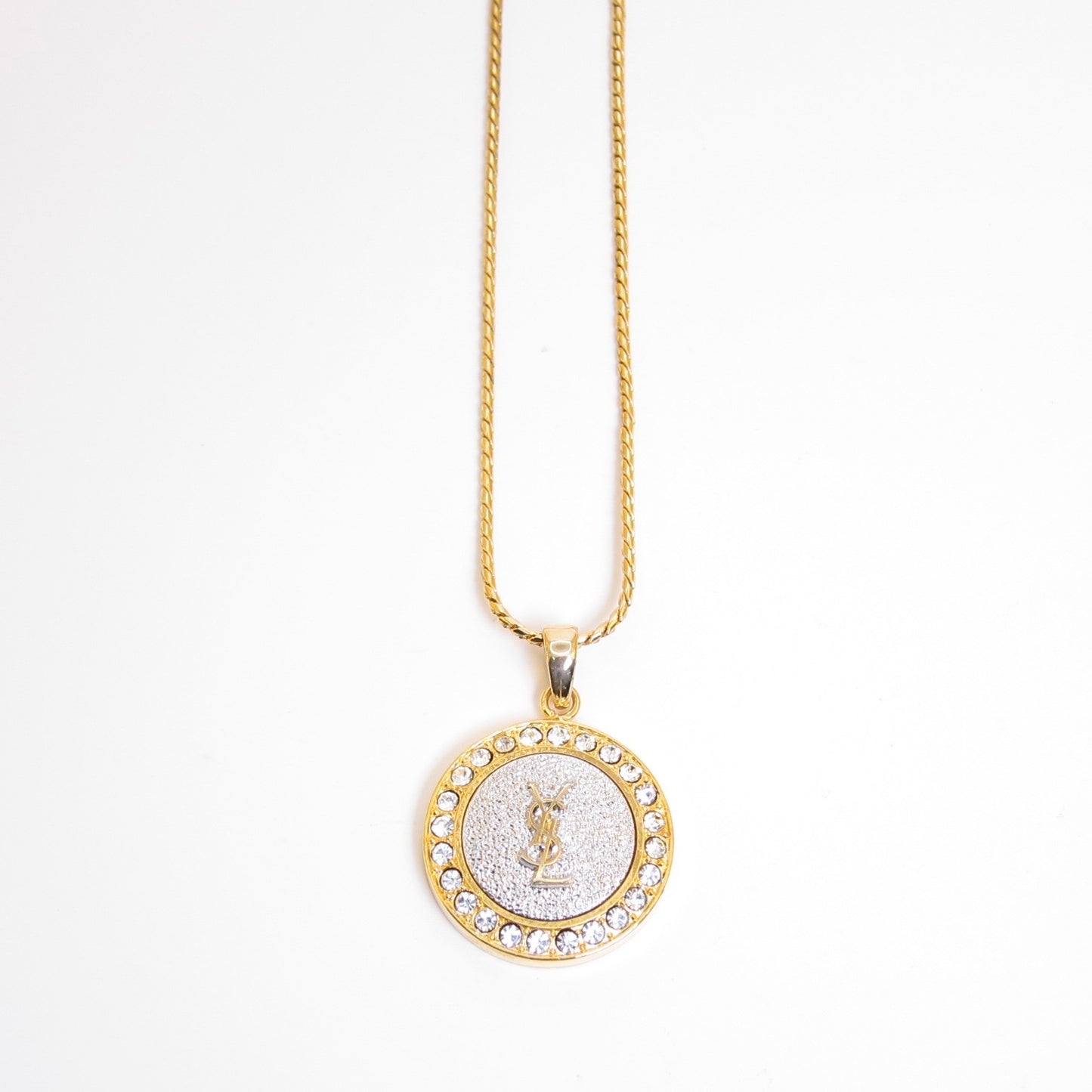 Yves Saint Laurent Vintage YSL Logo on Round Shaped with Rhinestone Golden Necklace