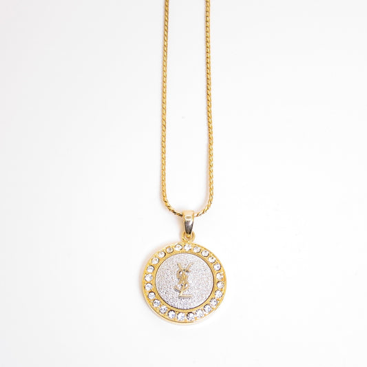 Yves Saint Laurent Vintage YSL Logo on Round Shaped with Rhinestone Golden Necklace