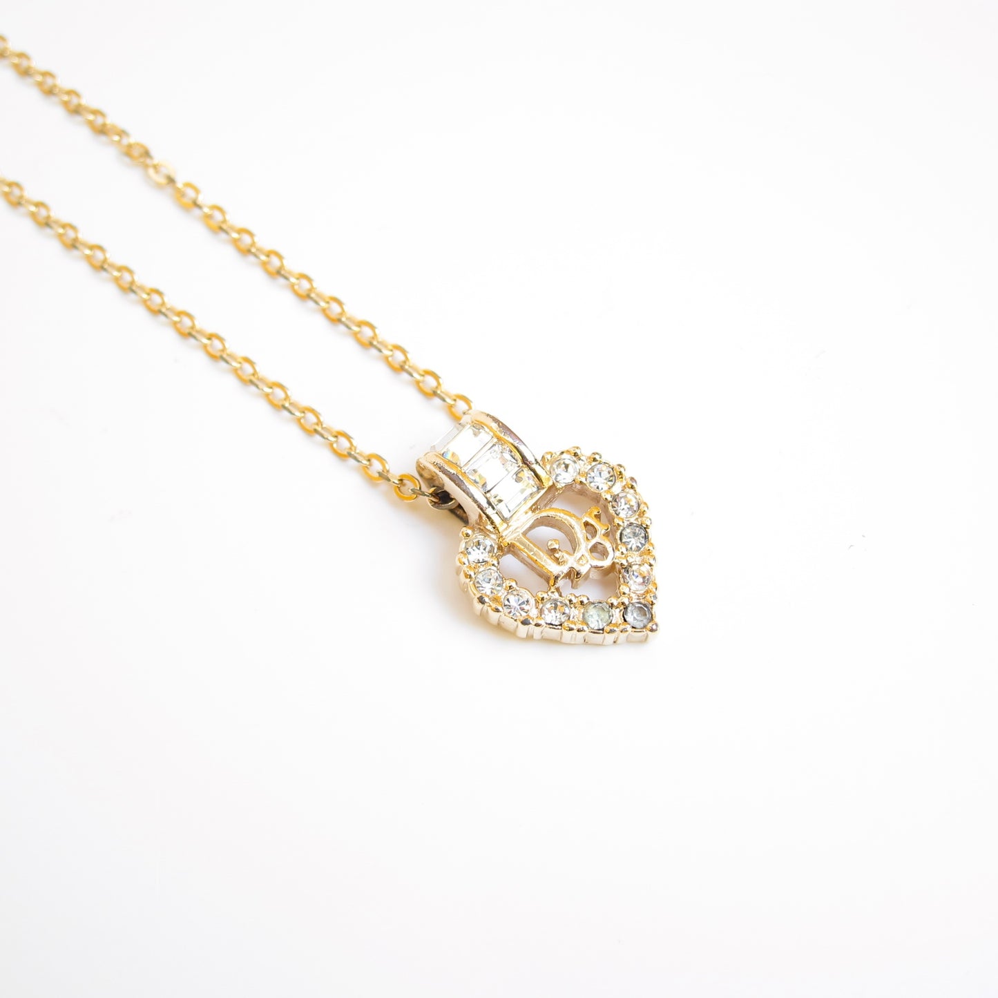Christian Dior Vintage Dior Logo in Heart with Rhinestone Golden Necklace