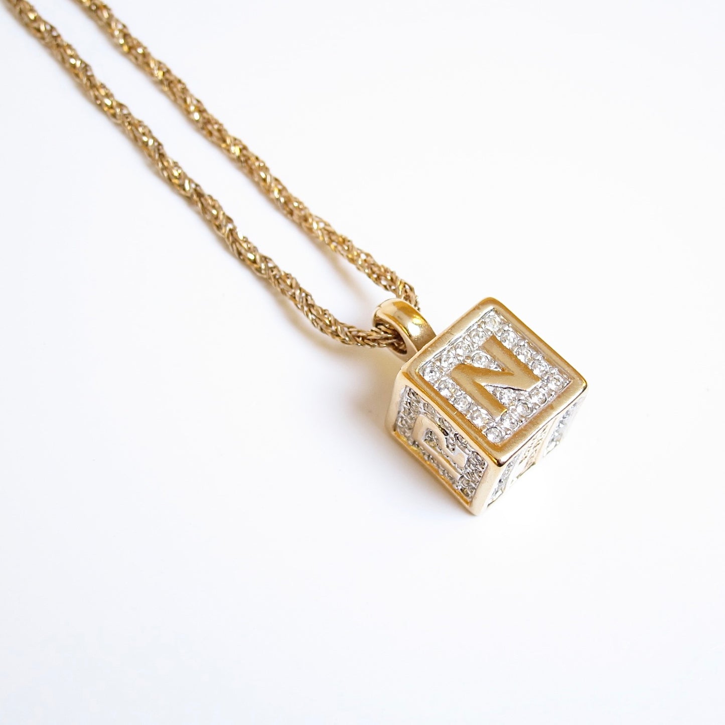 Nina Ricci Vintage NR Logo Cube with Rhinestone Golden Necklace
