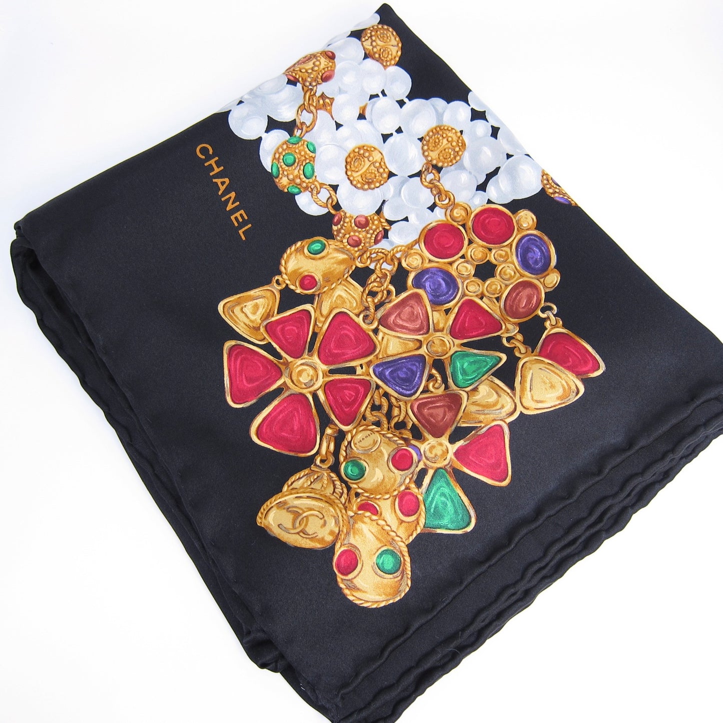 Chanel Vintage Jewelry Print Black Silk Square Scarf