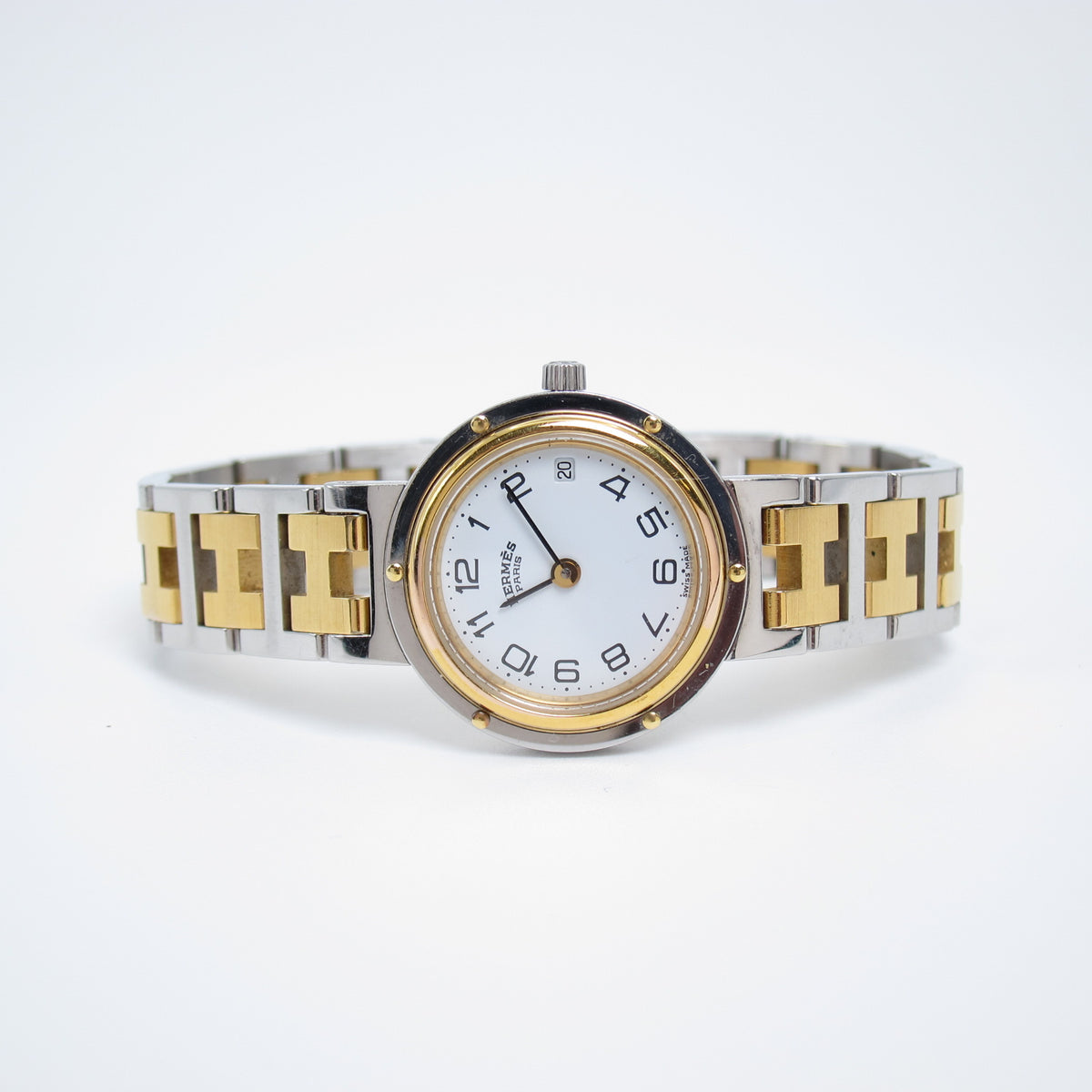 Hermes Vintage Clipper White Face with Date and H Bracelet Two Tone Watch