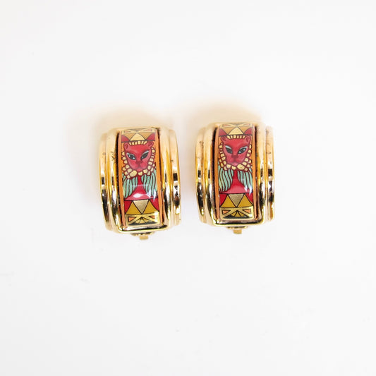 Hermes Vintage Lion Enamelled Golden Clip-on Earrings
