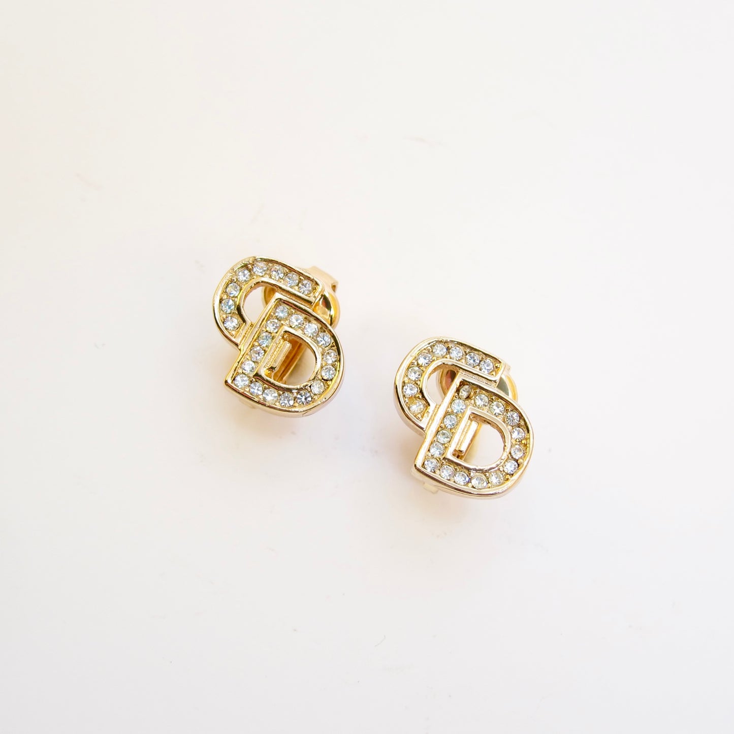 Christian Dior Vintage CD Logo with Rhinestone Golden Clip-on Earrings