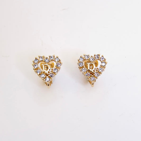 Christian Dior Vintage Dior Logo in Heart with Rhinestone Golden Clip-on Earrings