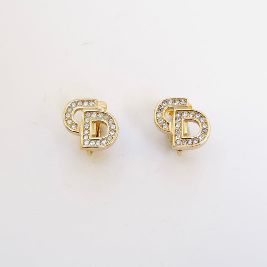 Christian Dior Vintage CD Logo with Rhinestone Golden Clip-on Earrings