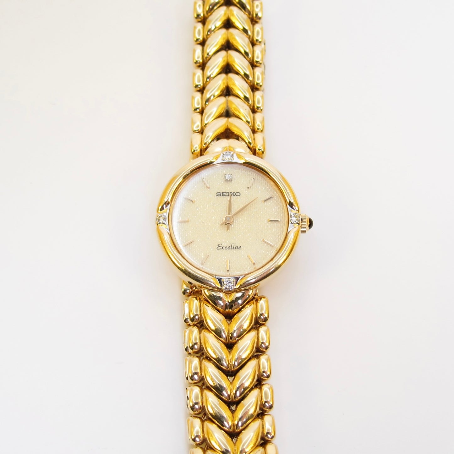 Seiko Vintage Exceline Round Ivory Glittering Face with Diamond Golden Watch