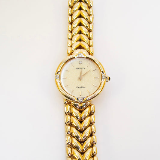 Seiko Vintage Exceline Round Ivory Glittering Face with Diamond Golden Watch