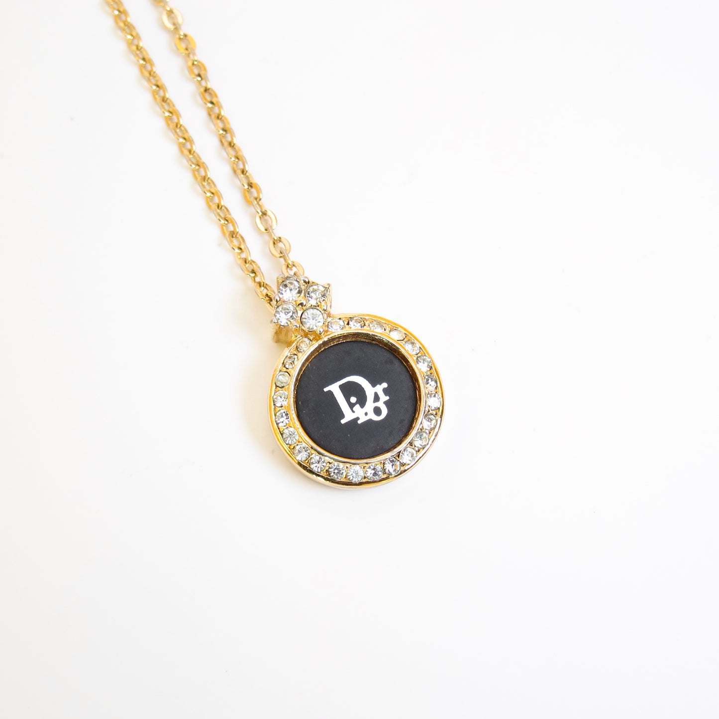 Christian Dior Vintage Dior Logo on Black Circle with Rhinestone Golden Necklace