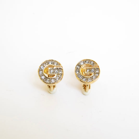 Givenchy Vintage G Logo with Rhinestone Golden Clip-on Earrings