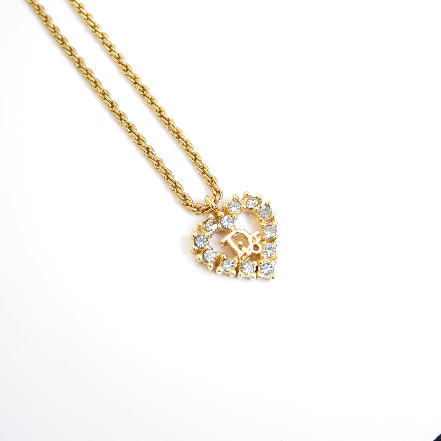 Christian Dior Vintage Dior Logo in Heart Shape with Rhinestone Golden Necklace