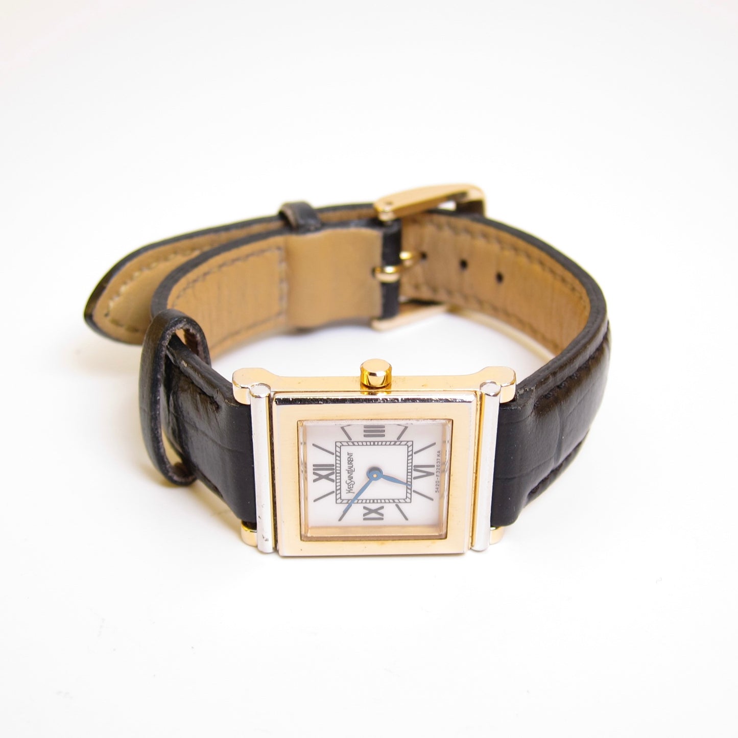 Yves Saint Laurent Vintage Square White Face and Black Leather Strap Watch