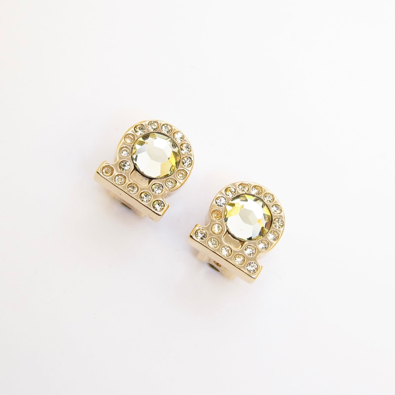 Ferragamo Vintage Gancini with Rhinestone Golden Clip-on Earrings