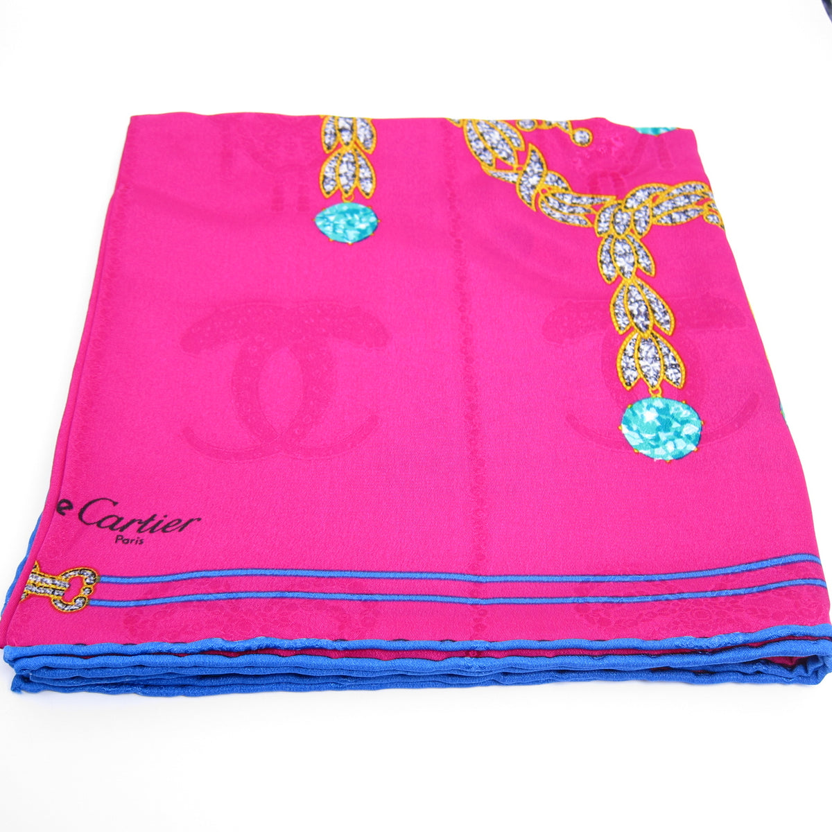 Cartier Vintage Must De Cartier Jewelry Motif Fucshia Pink Silk Scarf