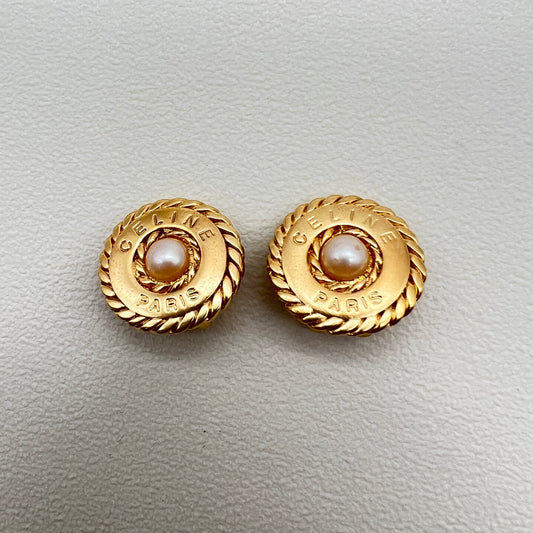 Celine Vintage Celine Logo and Pearl Round Shape Golden Clip-on Earrings