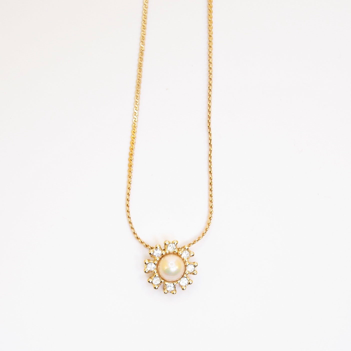 Christian Dior Vintage Flower Motif Pearl and Rhinestone Golden Necklace