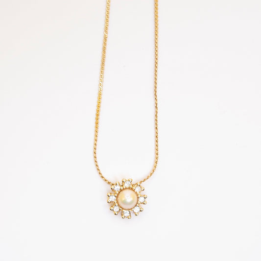 Christian Dior Vintage Flower Motif Pearl and Rhinestone Golden Necklace