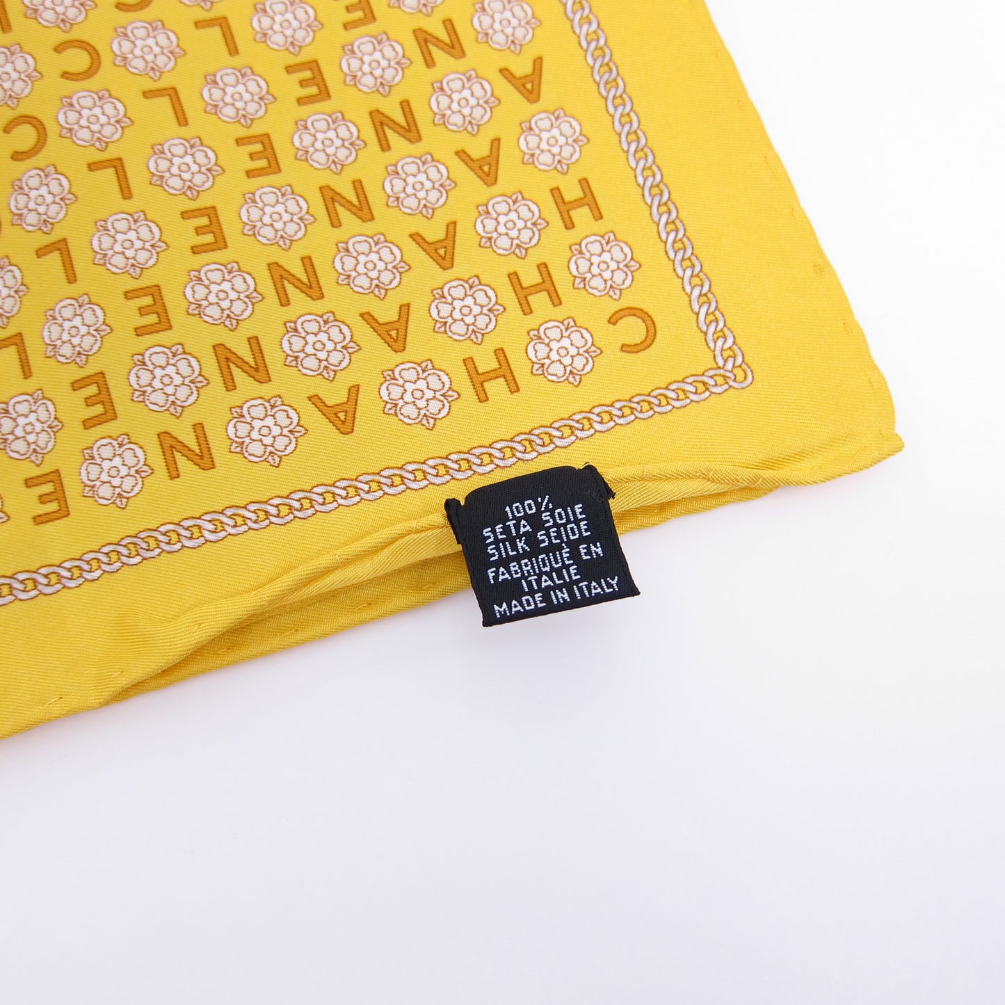 Chanel Vintage Camellia and Lettering Monogram Yellow Silk Scarf