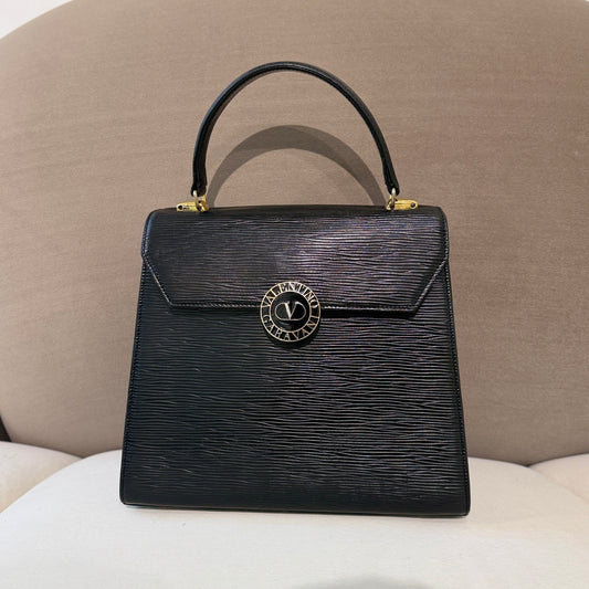 Valentino Vintage Golden Buckle Black Leather Top Handle Kelly Bag