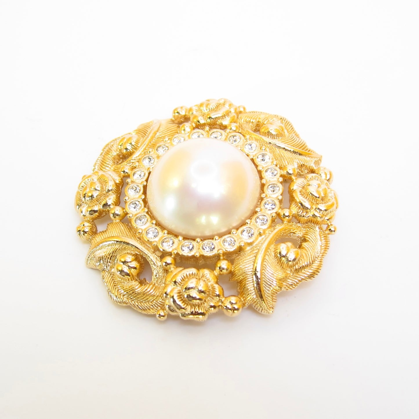 Burberry Vintage Pearl and Rhinestone Flower Golden Brooch