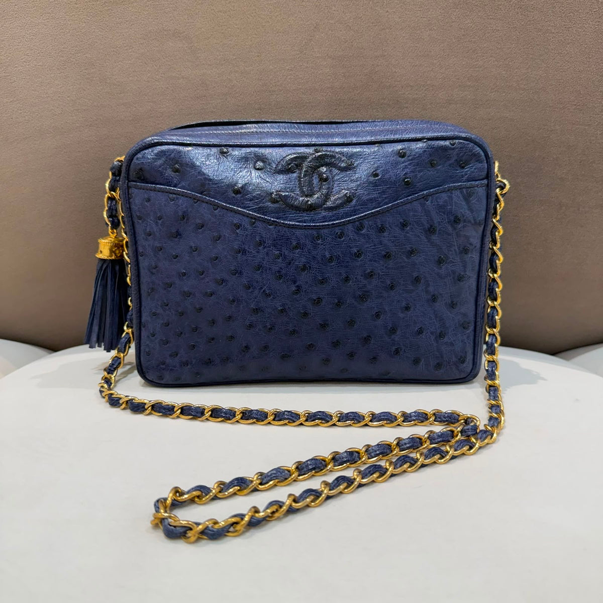 Chanel Vintage Navy Ostrich Fringe Chain Shoulder Bag