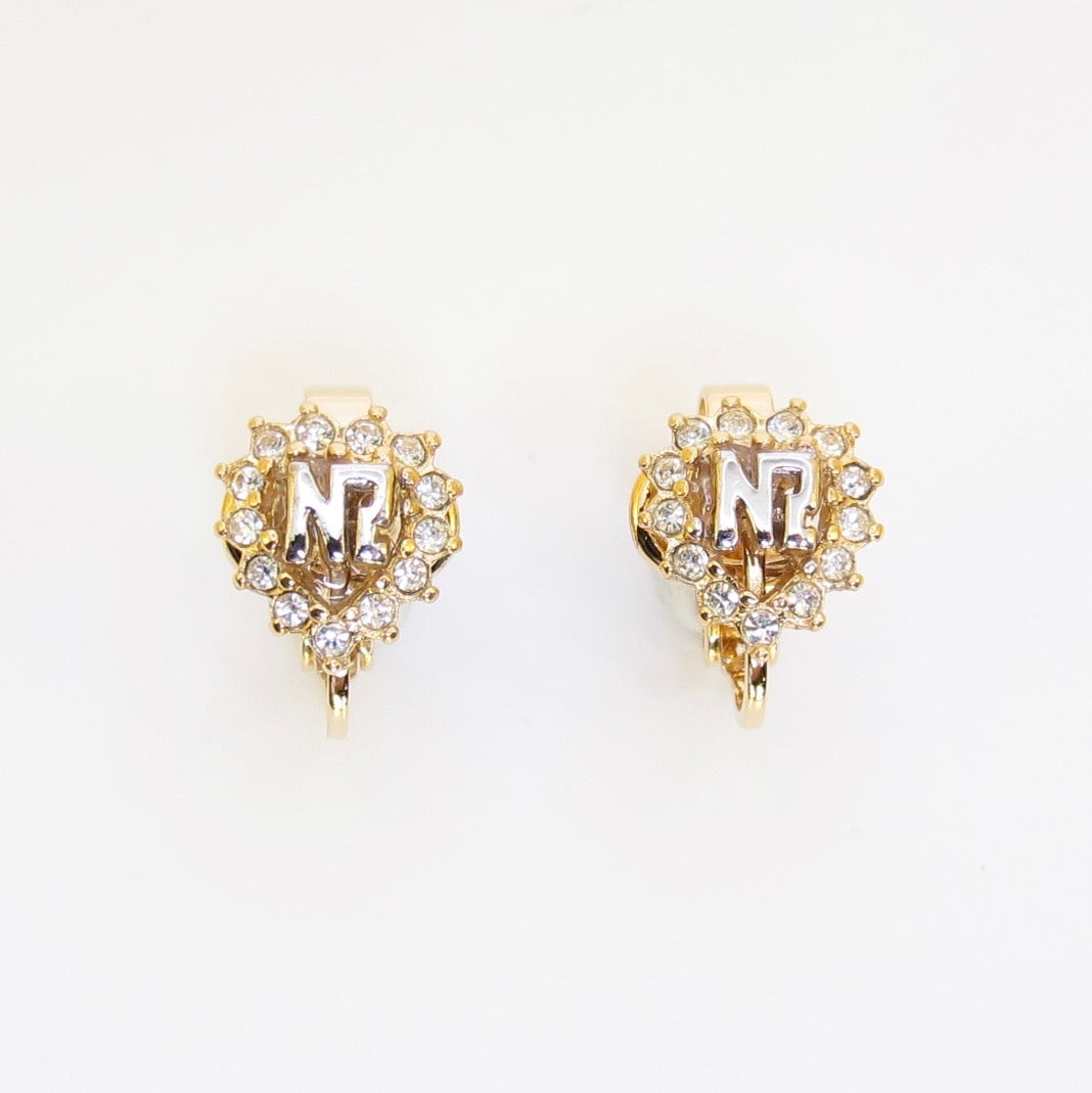 Nina Ricci Vintage NR Logo in Teardrop Shaped with Rhinestone Golden Clip-on Earrings