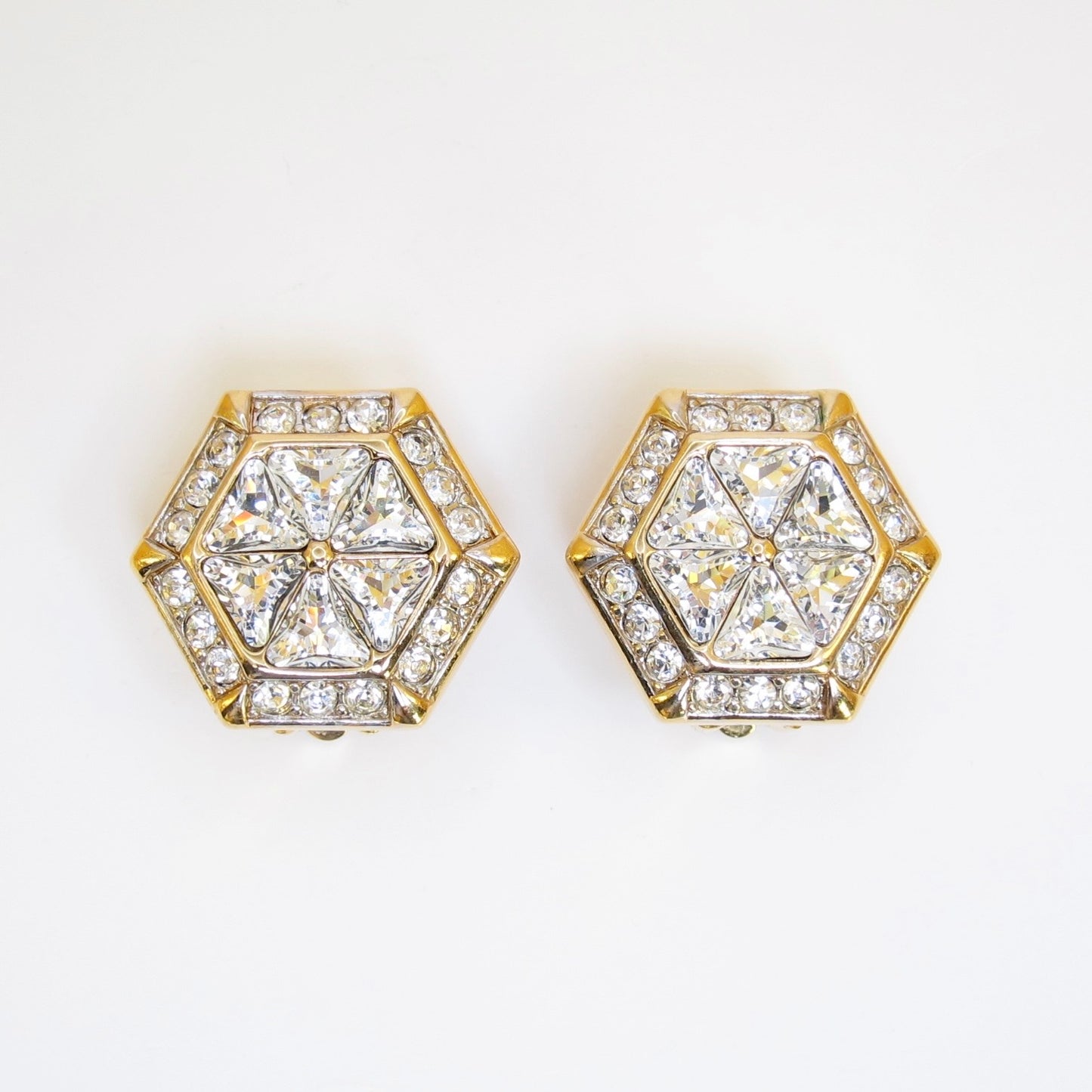 Nina Ricci Vintage Hexagon with Rhinestone Golden Clip-on Earrings