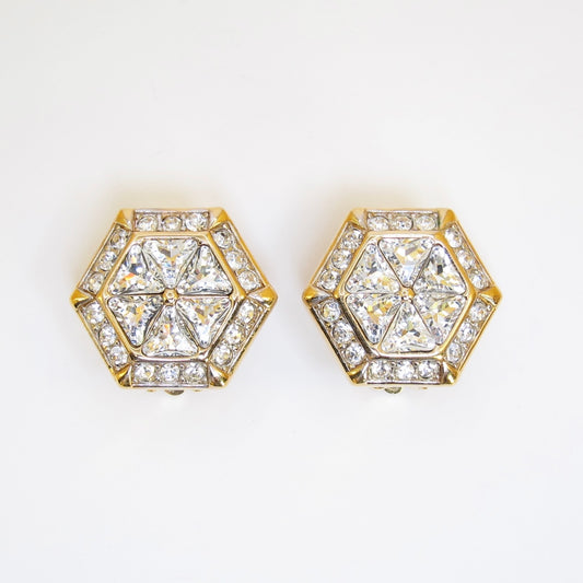 Nina Ricci Vintage Hexagon with Rhinestone Golden Clip-on Earrings