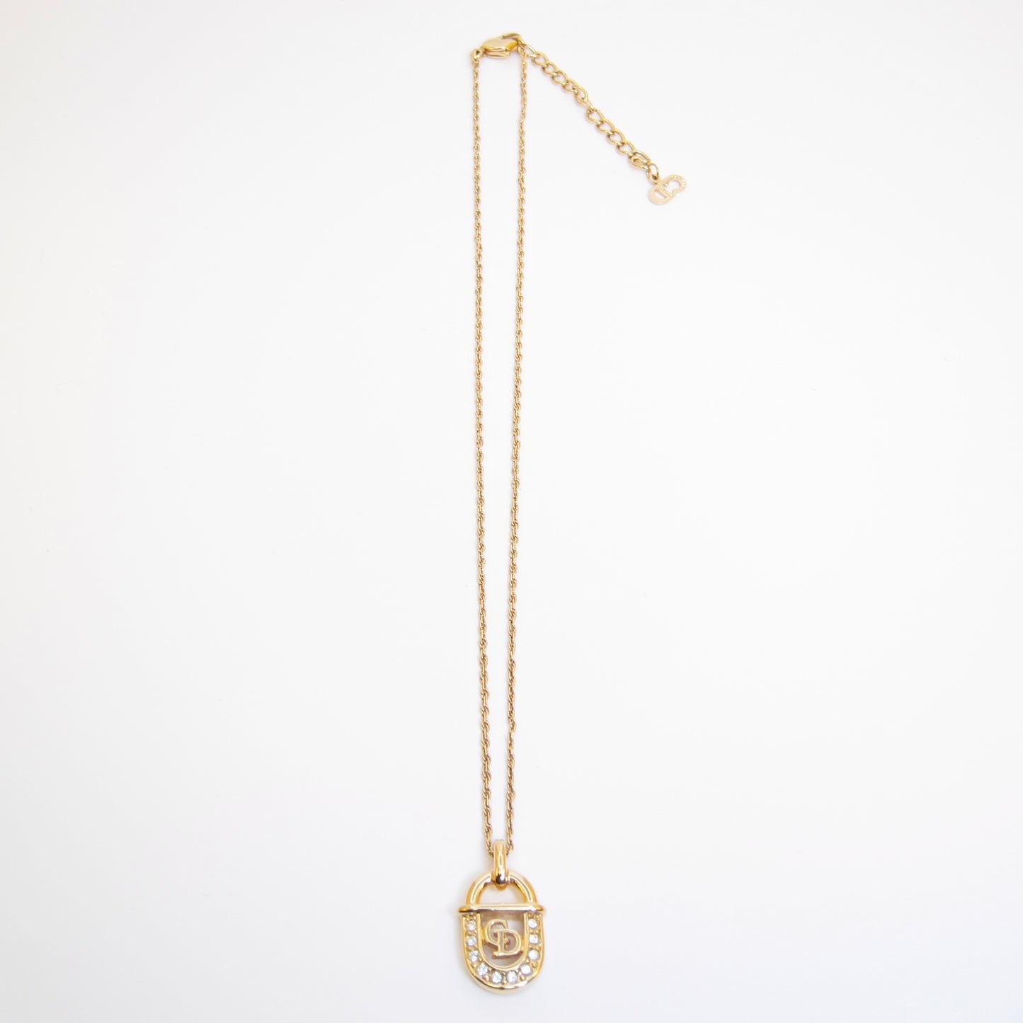 Christian Dior Vintage CD Logo in Padlock with Rhinestone Golden Necklace