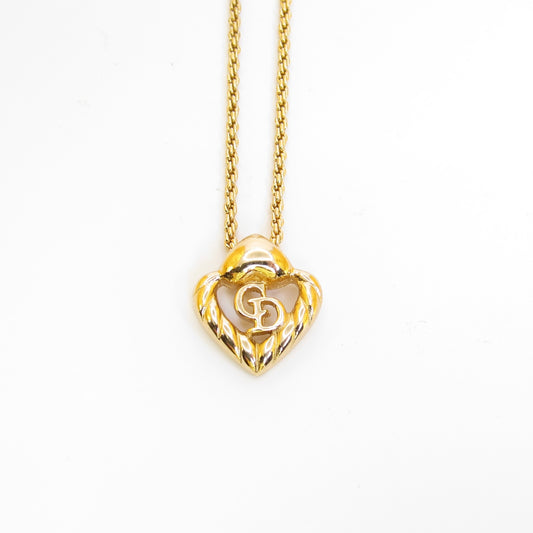 Christian Dior Vintage CD Logo in Heart Shape Golden Necklace