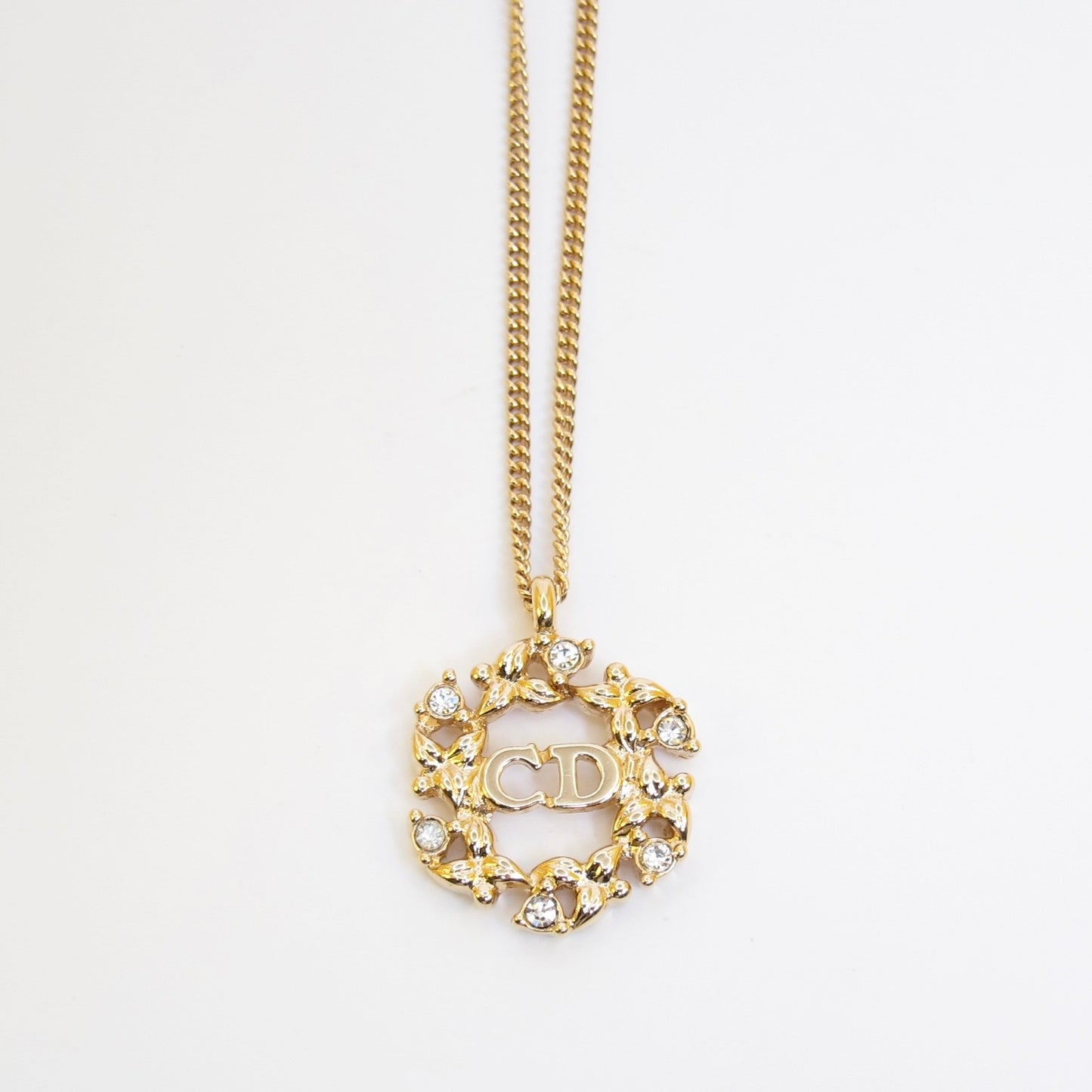 Christian Dior Vintage CD Logo in Flower Wreath Golden Necklace