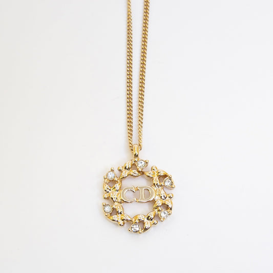 Christian Dior Vintage CD Logo in Flower Wreath Golden Necklace