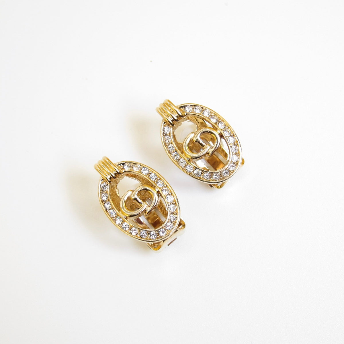 Christian Dior 金色橢圓CD水鑽夾式耳環