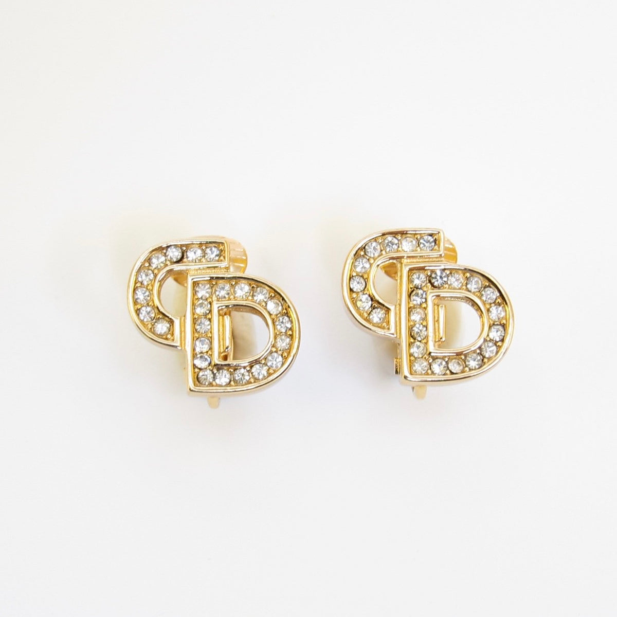 Christian Dior 中古密鑲閃石 CD 字母金色耳夾