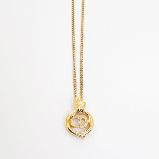 Christian Dior Vintage CD Logo in Leaf Circle Golden Necklace