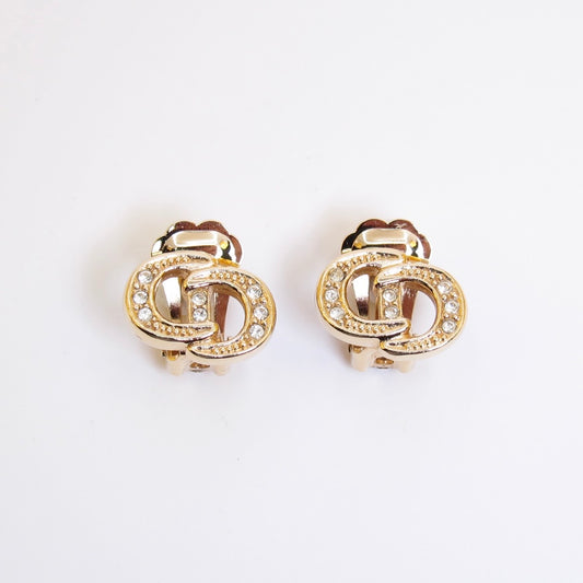 Christian Dior Vintage CD Logo with Rhinestone Golden Clip-on Earrings