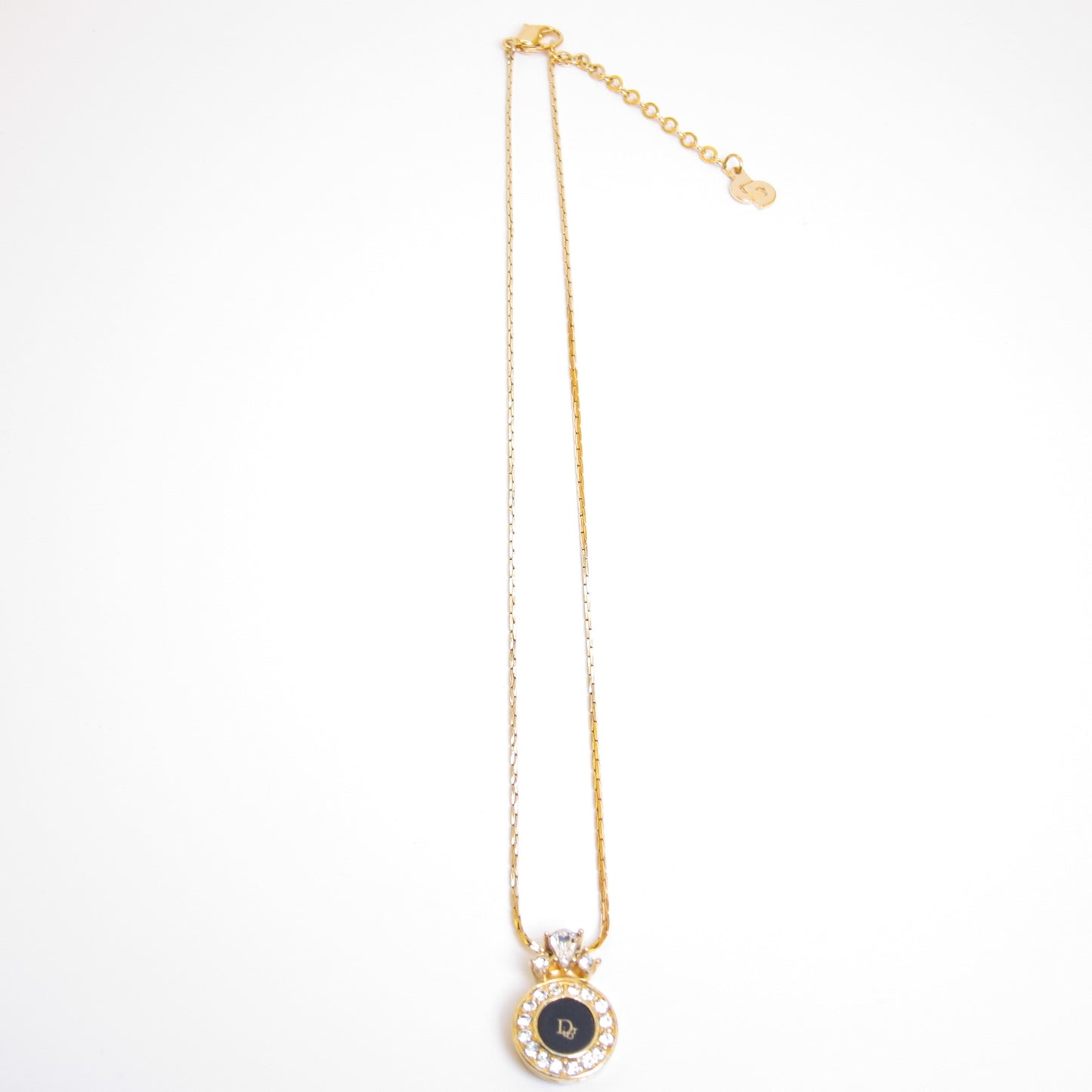 Christian Dior Vintage Dior Logo on Round Shaped Black and Rhinestone Golden Necklace