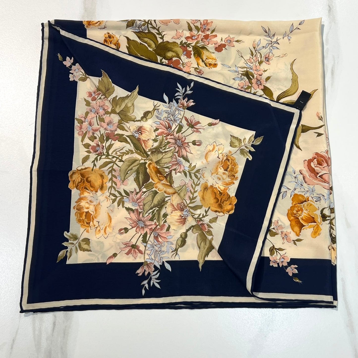 Yves Saint Laurent Vintage Floral Cream & Navy Silk Scarf
