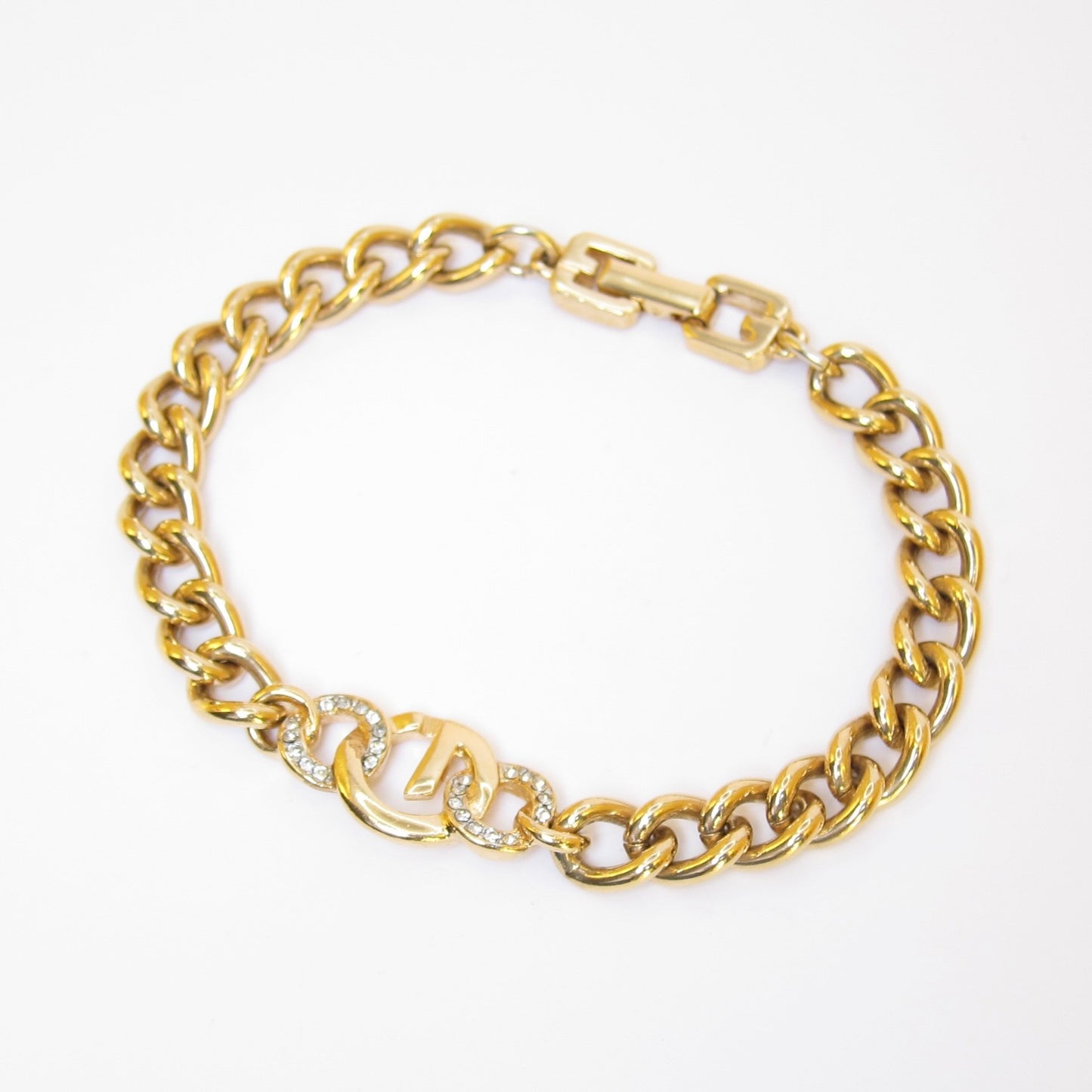 Givenchy Vintage G Logo and Rhinestone Golden Chain Bracelet