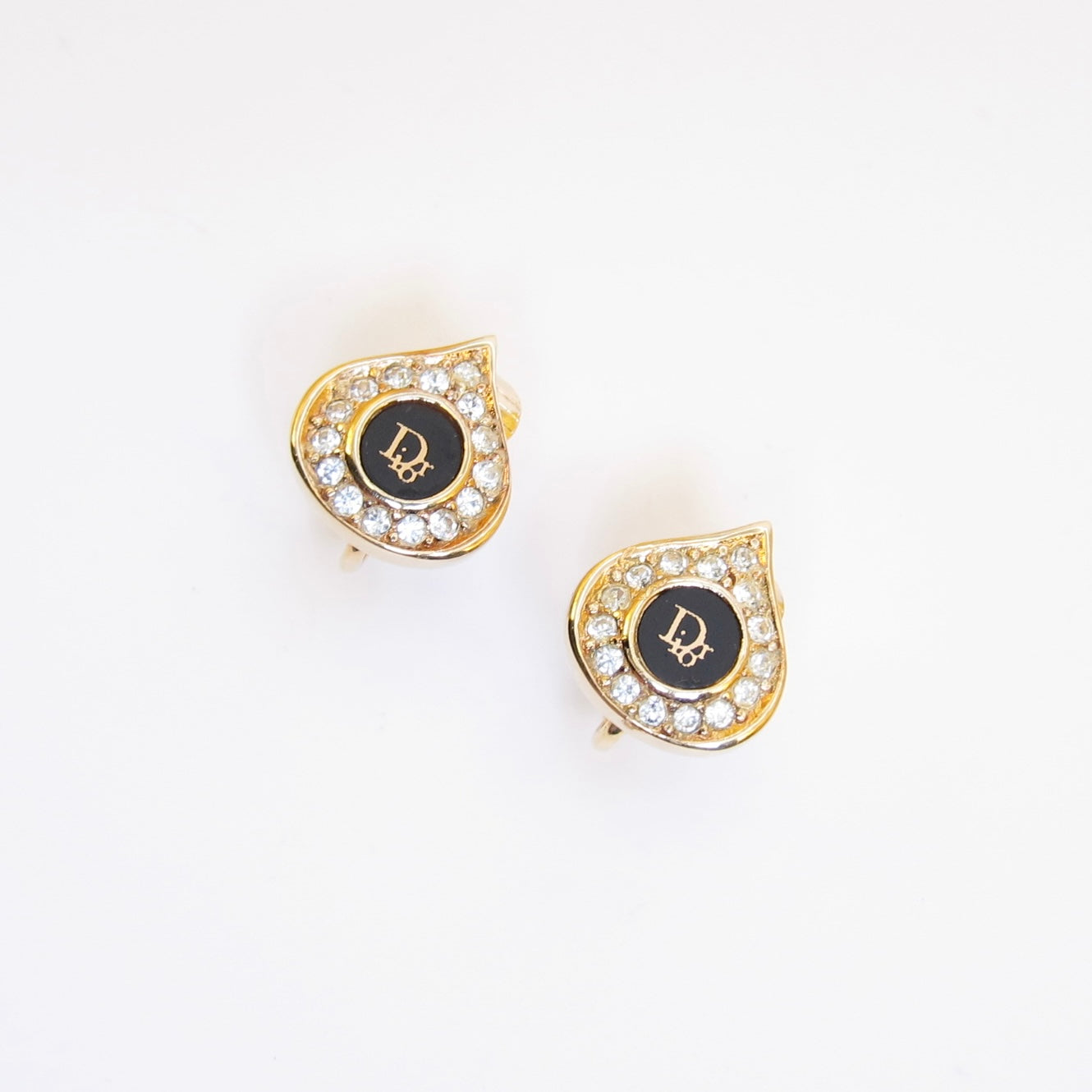 Christian Dior Vintage Dior Logo Black and Rhinestone Teardrop Golden Clip-on Earrings